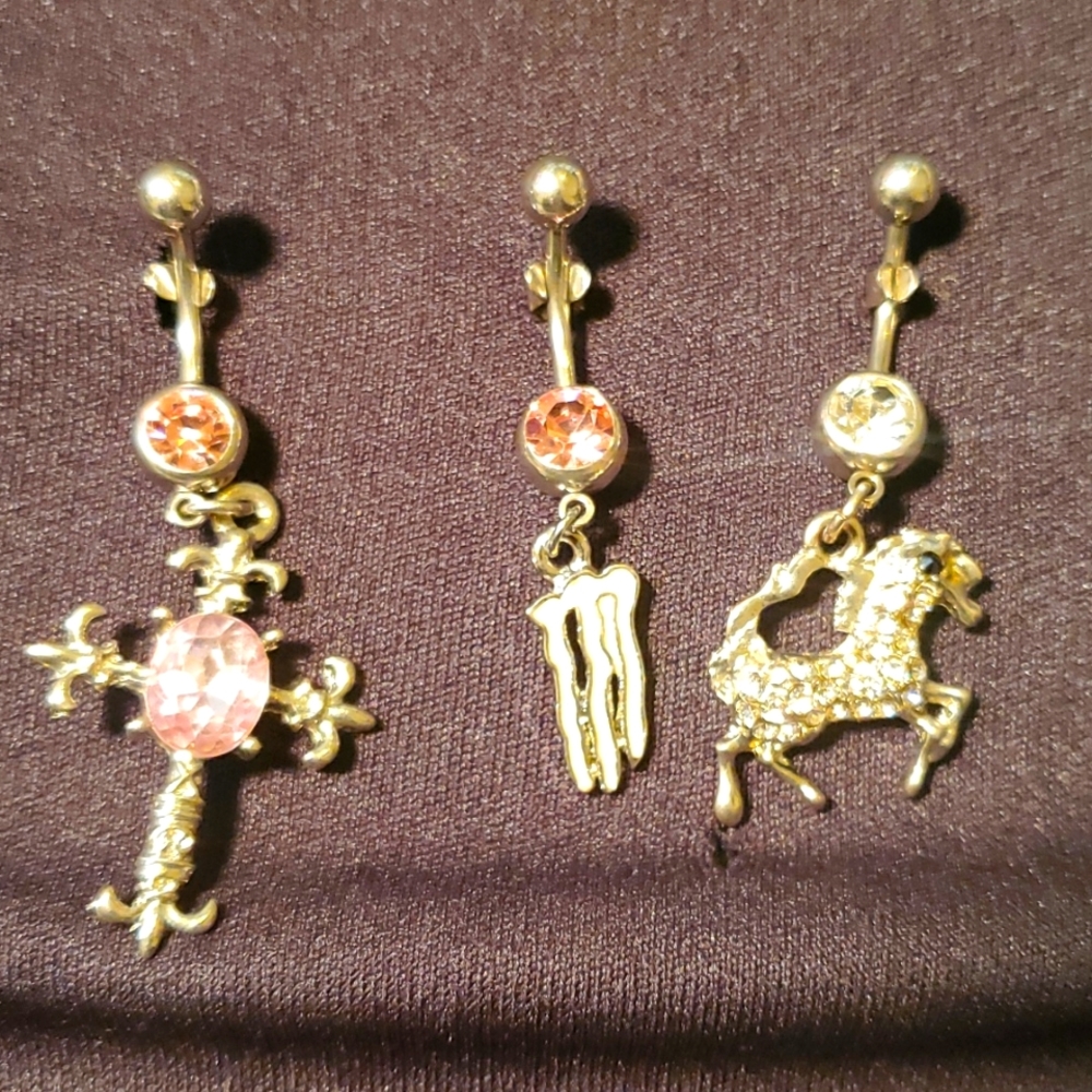 Belly button ring 3 piece set jeweled monster logo, cross